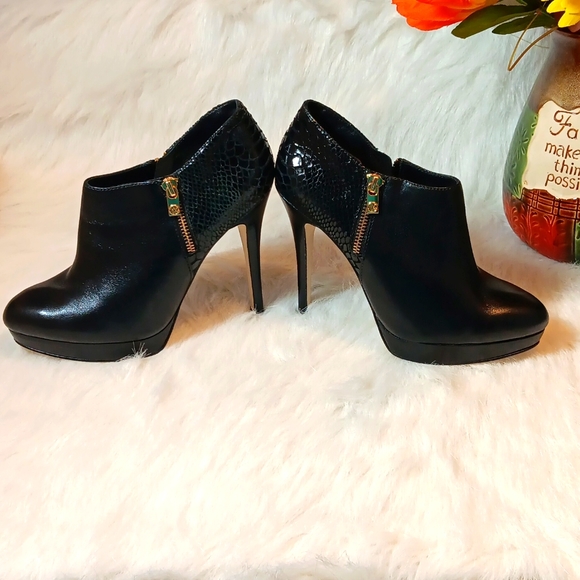 Michael Kors Black Leather and Snakeskin Print Ankle Booties - Picture 6 of 13